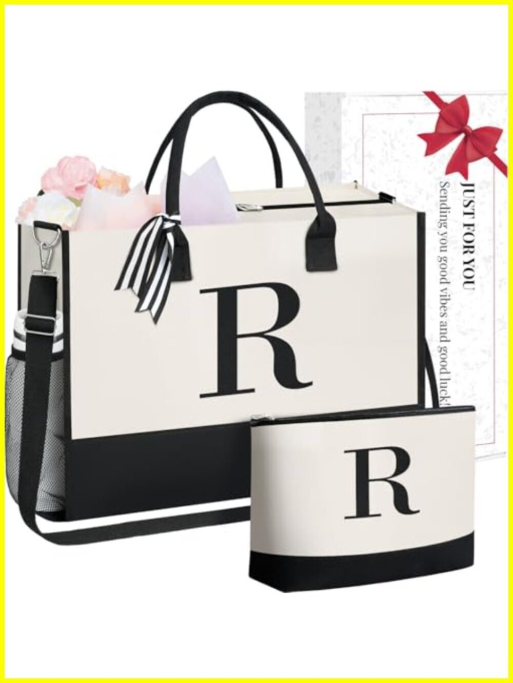 Personalized Initial Tote Bag with Makeup Bag, Monogrammed Gift for Women,